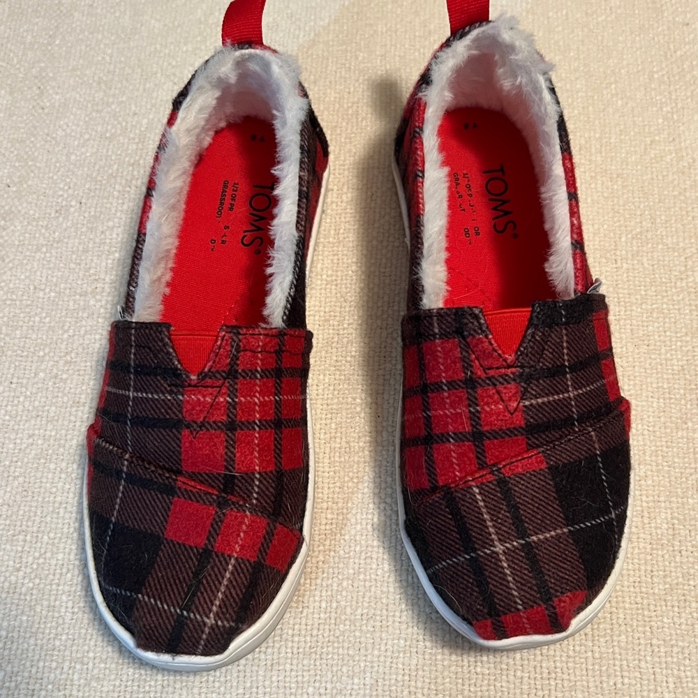 TOMS Kids Plaid Slip-On Shoes - Red and Black